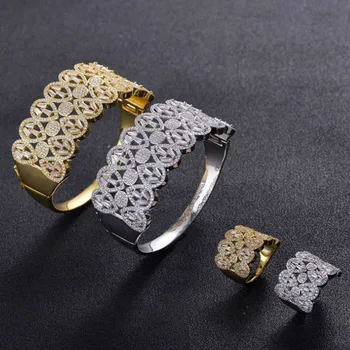 

Zlxgirl jewelry women big bangle and ring wedding jewelry sets high quality AAA cubic zircon copper bridal bracelet rings sets
