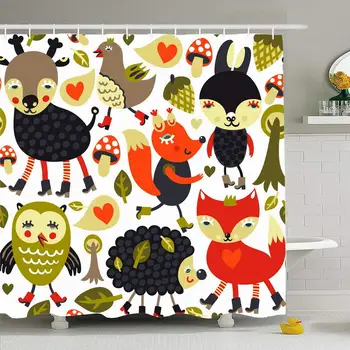 

Shower Curtain Set with Hooks 72x72 Colorful with Hedgehog Pattern Variety Woodland Animals Birds Abstract Pastel Textures