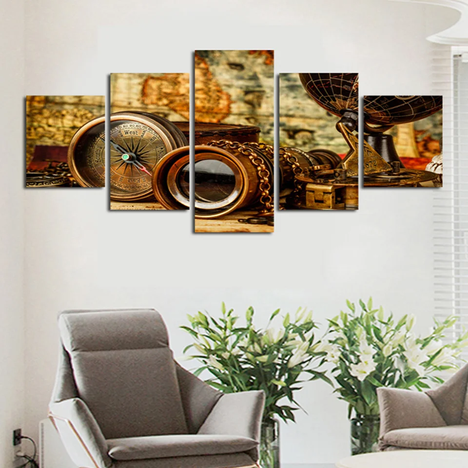 Wall Art Холст Картина 5 шт. ретро инструмент телескоп и Компас для дома Современные