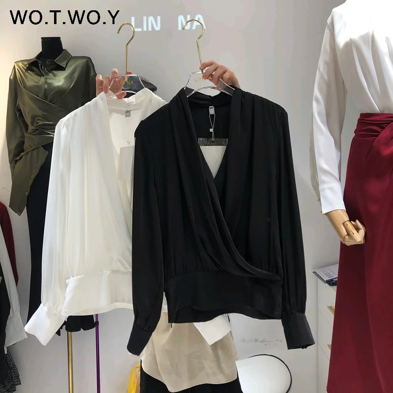 B19356Black WOTWOY весенне-летняя женская блузка Офисная Женская белая рубашка с v-образным вырезом и пуговицами Женские повседневные модные женские топы - Цвет: B19356Black