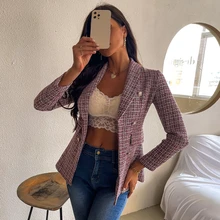 

Womens Blazers Plaid Ladies Fashion Casual Suit Double Breasted Coat Slim Fit Wine Red Long Sleeve Notched Neck Blaser Feminino