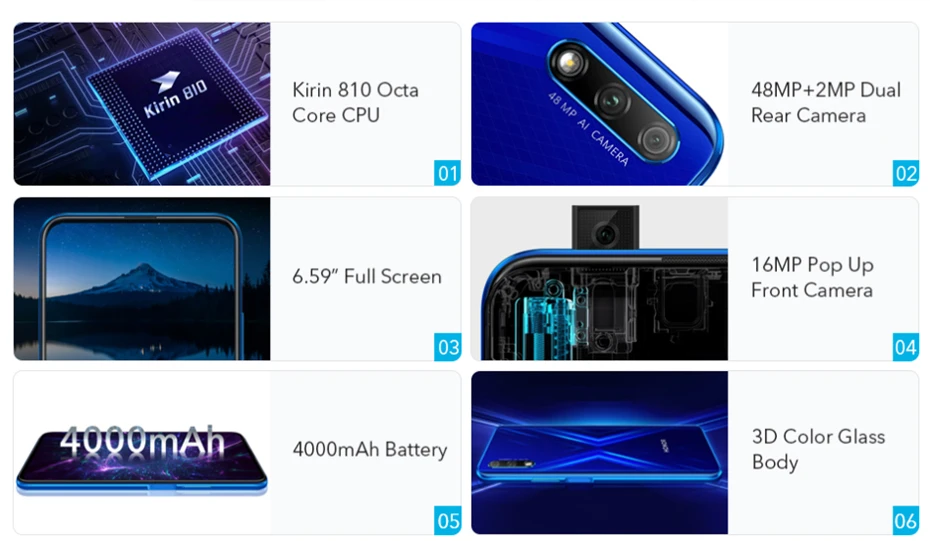 DHL, быстрая, Honor 9X, мобильный телефон Kirin 810, Android 9,0, 6,59 дюймов, ips, 2340X1080, 8 Гб ram, 128 ГБ rom, камера с подъемом, МП