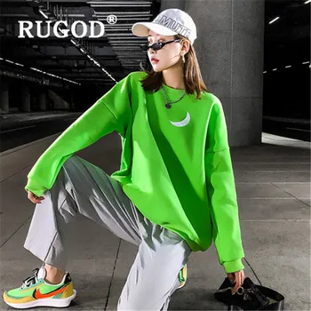 

RUGOD Autumn Winter New Style Chic Moon Pattern Loose Reflective Green Hoodies Plus Velvet Winter Tops For Women Fashion 2019