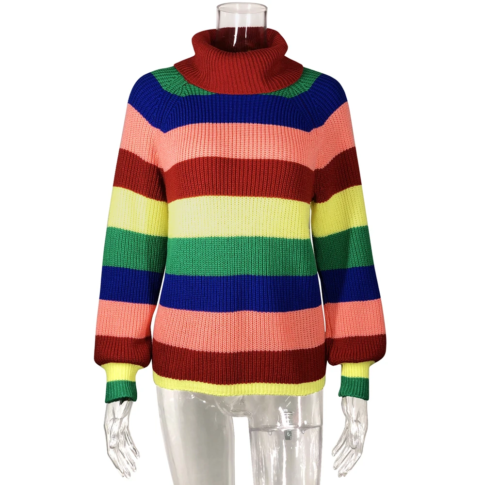 Tanie Rainbow kolorowy pasek sweter kobiet swetry w stylu casual jesień moda sweter z golfem luźne swetry Jumper Pull Femme