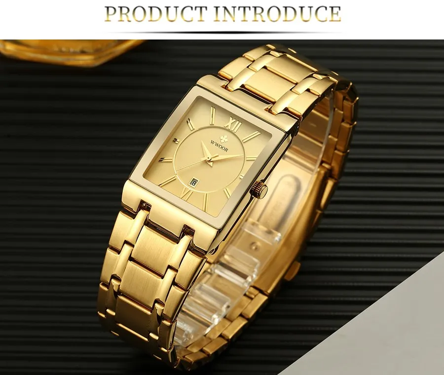 Relogio Masculino WWOOR Gold Watch Men Square Mens Watches Top Brand Luxury Golden Quartz Stainless Steel Waterproof Wrist Watch