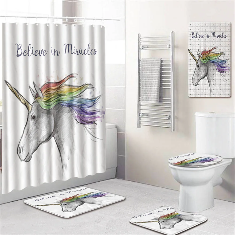 

3D Animal Unicorn Print Bathroom Shower Curtain Waterproof Polyester PVC Non-Slip Toilet Cover Mat Bath Mat Hooks Home Decor
