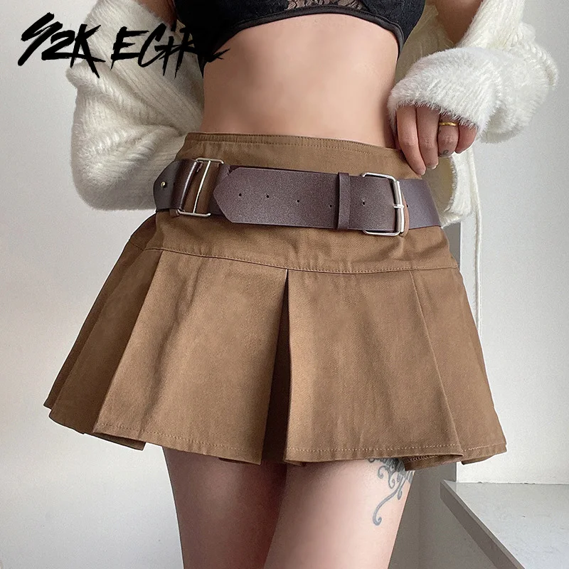 Y2k egirl-茶色のプリーツスカート,ローウエスト,美的,90年代のファッション,ヴィンテージ,ストリートウェア,マイクロボトムス