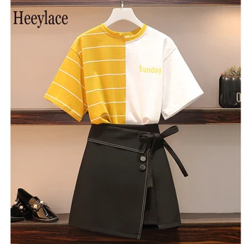 

plus size 2020 Summer Women Two Piece Set Casual O-neck Patchwork Striped Loose Tops + Skirt Solid Mini Bow Set 2 Piece Set