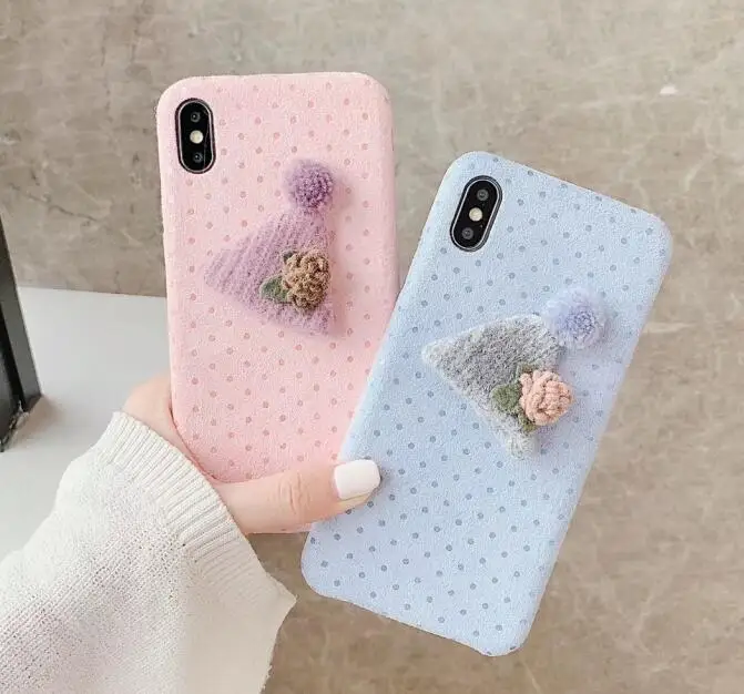 

Gimfun Autumn Pink Hat Plush Phone Case for Iphone 11 Pro Max Polka Dots Fabric Case for Iphone X Xs Max 6s 7 8plus Back Cover