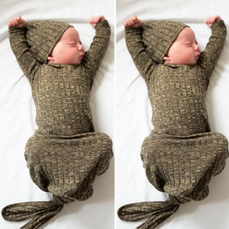 

0-1Y Baby Girl Solid Knitted Bags Newborn Swaddle Wrap Blanket Infant Sleeping Bag+Hat Set Causal Hat 2PCS Clothes