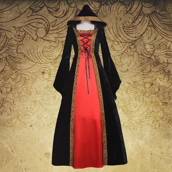 

Vintage Gothic Cosplay Hooded Dress Women Retro Flare Sleeve Cosplay Party Dress Sukienki Winter Christmas Maxi Dress Vestidos