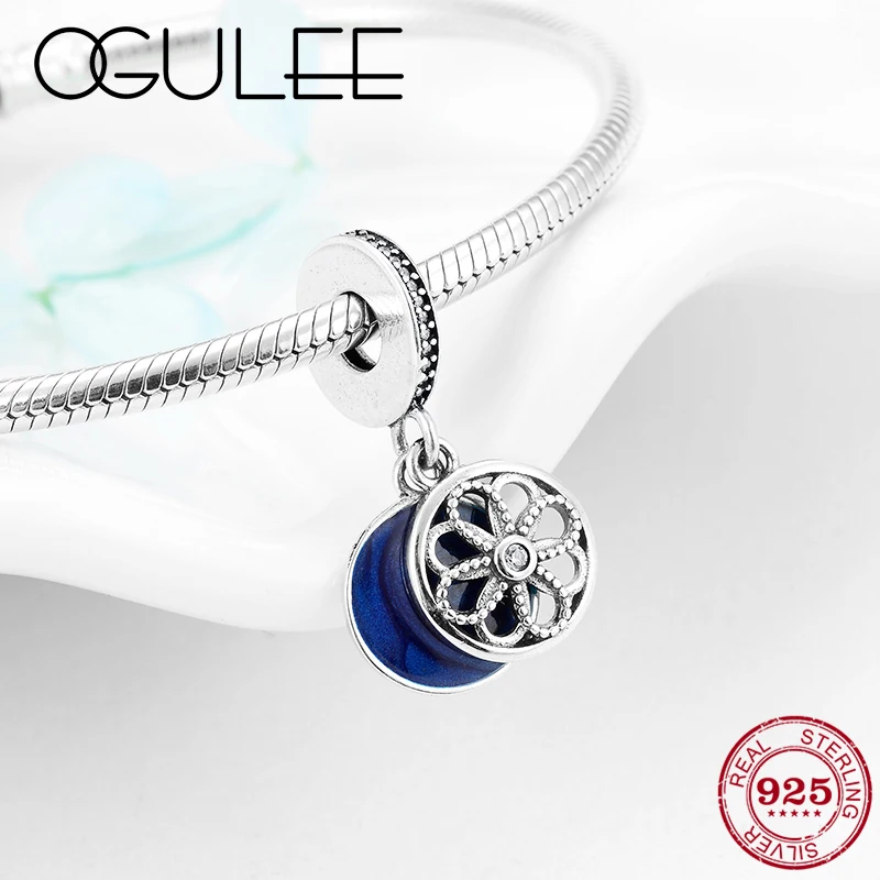 925 Sterling Silver Charms Blue Enamel Pendants Jewelry Making Fine Flower Bead Fit Original Pandora Charm Bracelet Necklace DIY