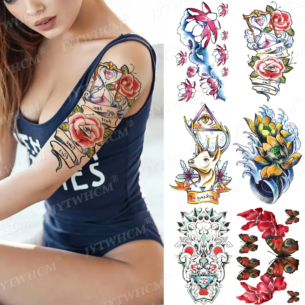 

Flower Arm Waterproof Temporary Tattoo Stickers Lace Rose Butterfly Water Ripple Body Art Fake Half Sleeve Tatoos For Women Men