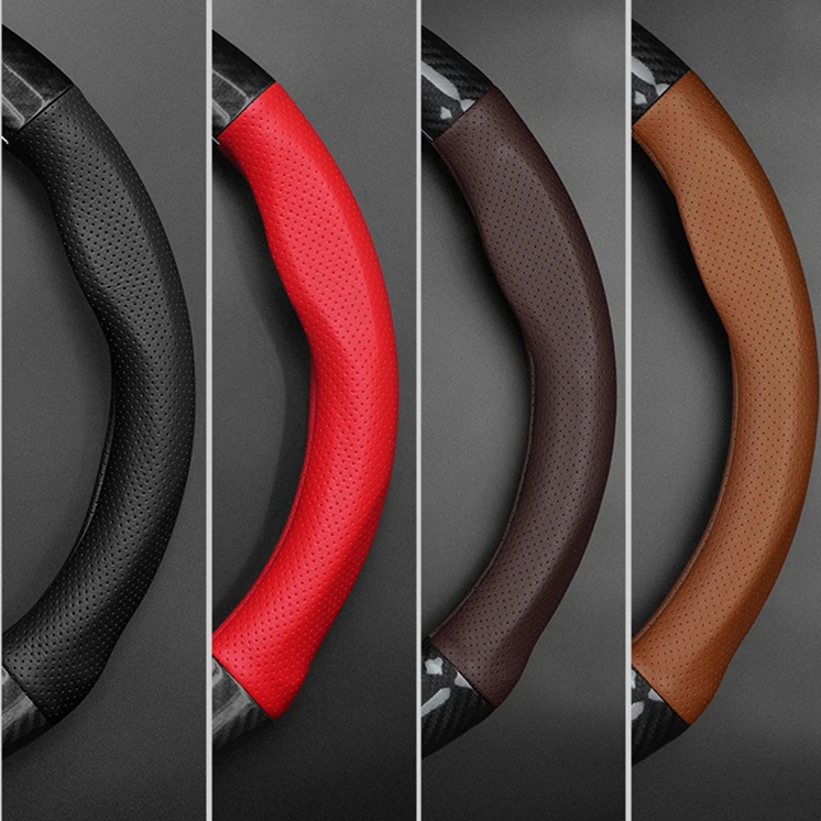 Hocasen All Season Carbon Fiber Genuine Leather Car Steering Wheel Cover Small Size Big Size D Shape 36cm 38cm 40cm
