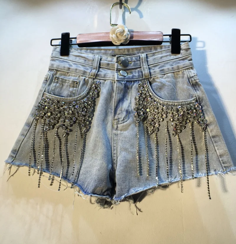 

Denim Jeans Shorts for Women 2020 Summer Hot Pants New Heavy Diamond Tassel High Waist Slimming Wide-Leg Denim Shorts Lady Short
