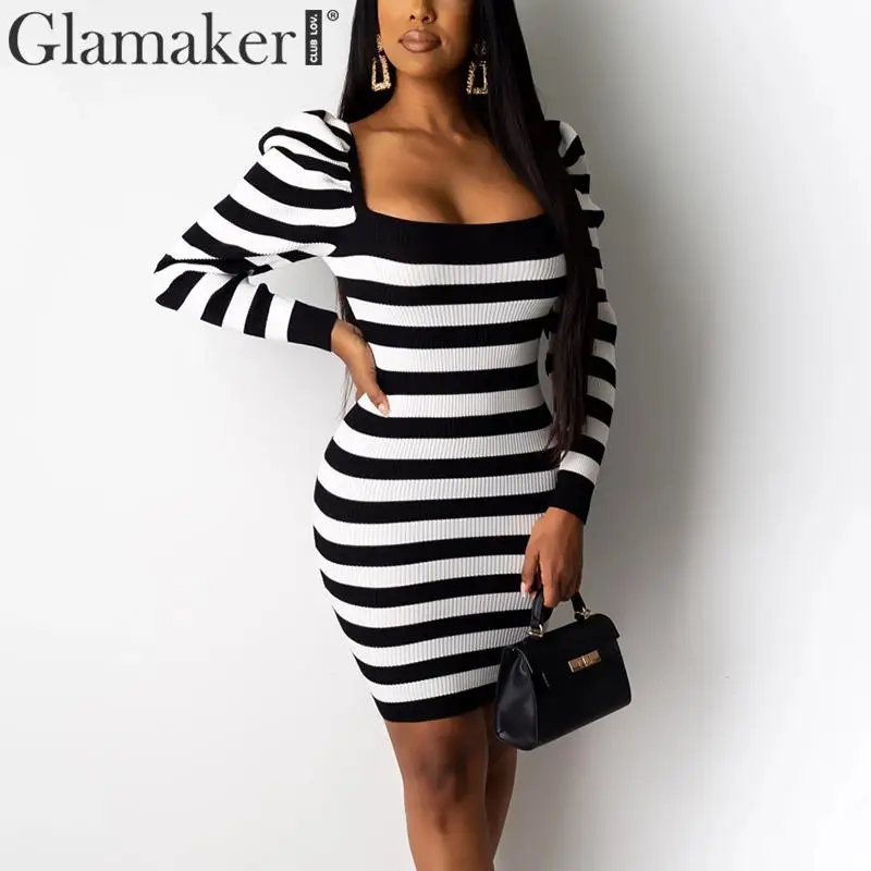 Glamaker женское Короткое сексуальное платье в полоску с пышными рукавами черное белое весеннее летнее облегающее платье с квадратным вырезом вечернее платье с длинным рукавом