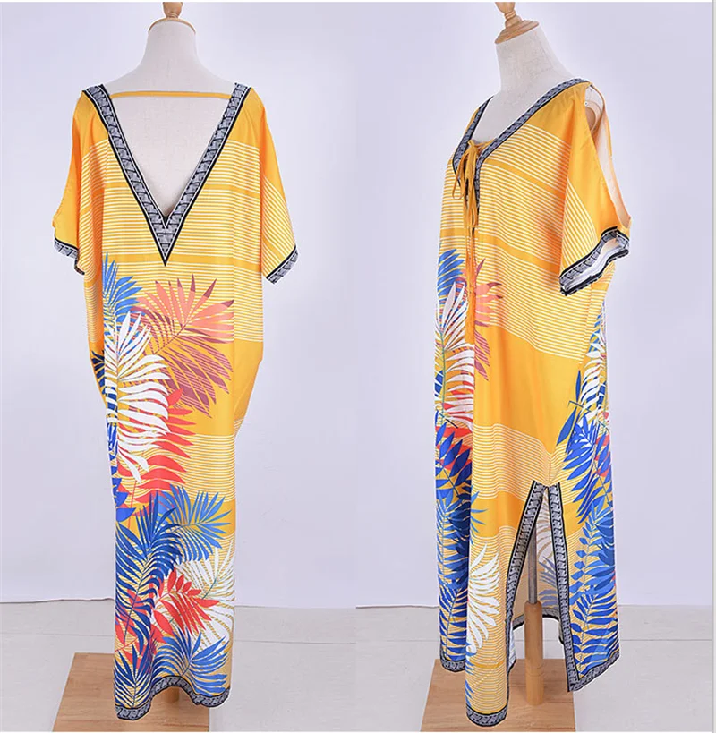 Бикини-накидка, длинное, желтое, с цветочным рисунком, Boho, макси, Robe De Plage, Пляжное Платье, v-образный вырез, саронг, купальник, платья, парео, De Плайя Mujer