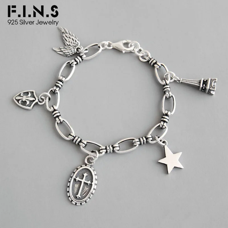 

F.I.N.S Retro Old S925 Sterling Silver Bracelet Cross Shield Wing Tower Star Pendant Link Chain Punk Unisex Bracelet Couple