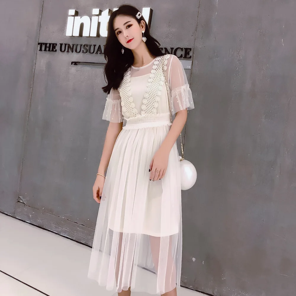 

2019 Popular WOMEN'S Dress New Style Dress Fairy Immortal Sweet Beads Lace Gauze Short Sleeve Base Skirt