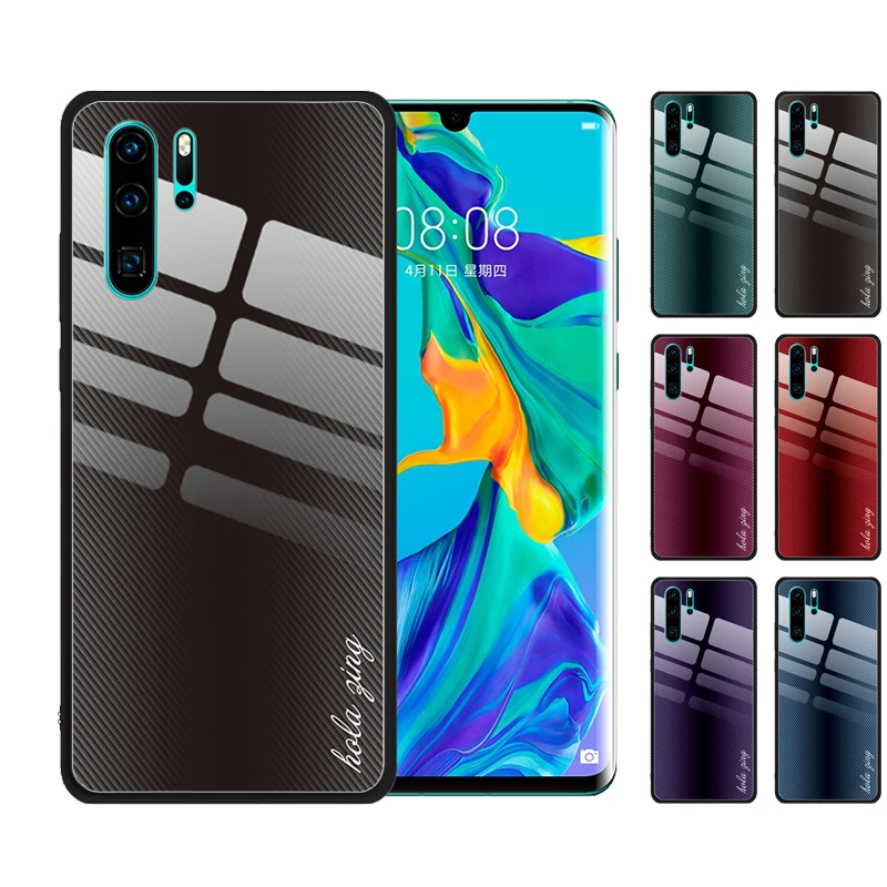 

2019 New Design Luxury Hard Cover for Huawei P30 Pro P20 Lite P Smart 2019 Plus Carbon Fiber Printed Tempered Glass Case Coque