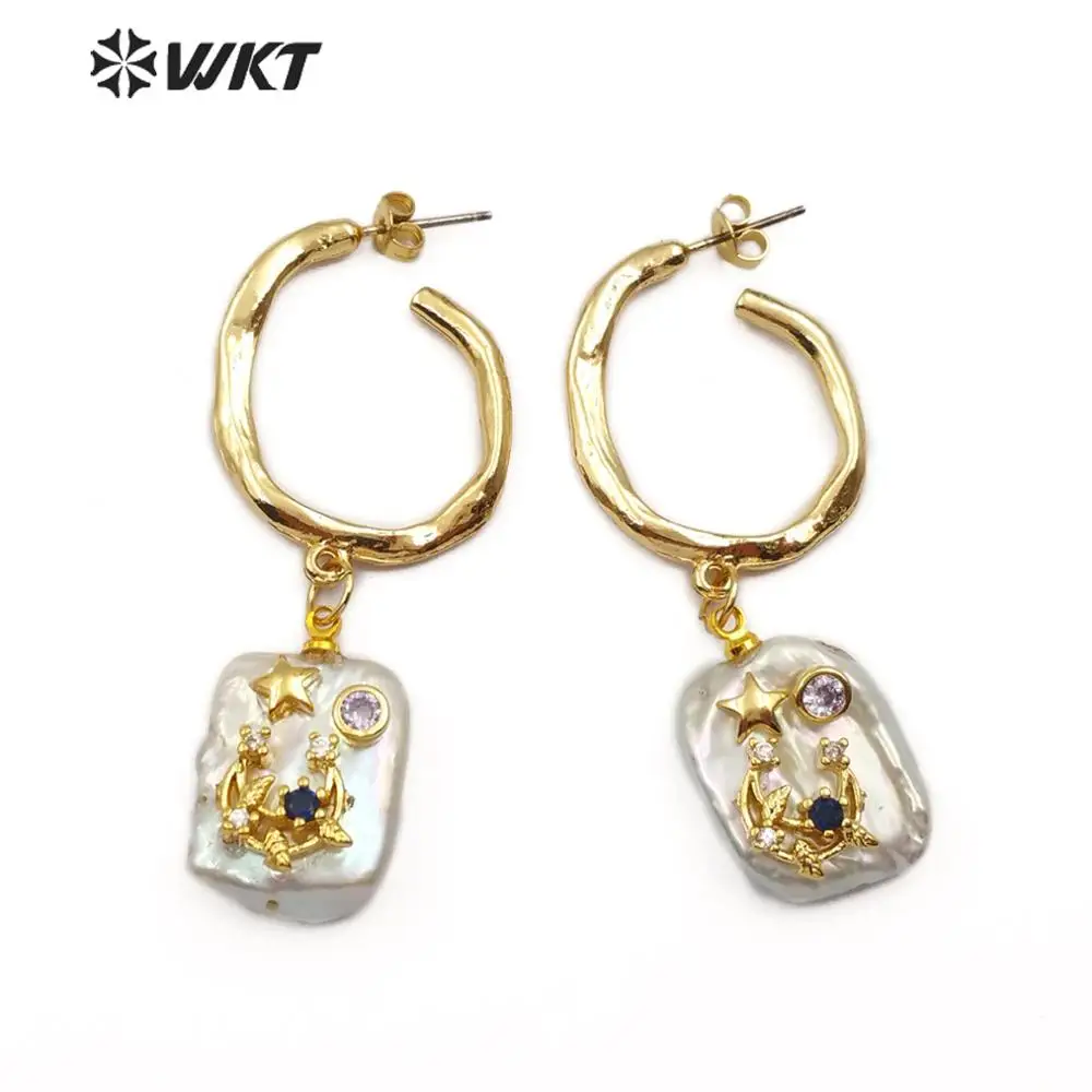 

WT-E558 Natural Freshwater Pearl&CZ Pave Earring Rectangle Shape With Gold Electroplated Hook Star& Evil eye& Crescent Earring