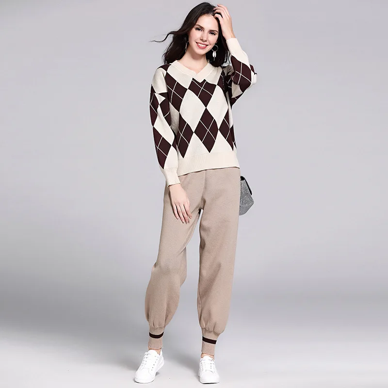 

New Style Women's College Style Laziness-Style Loose-Fit Pullover Knitting Shirt Sweater Casual Capri Baggy Pants Two-Piece Set