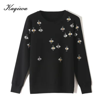 

Spring autumn women's brand heavy industry inlaid with diamonds light luxury assorted nail beads small bee knit hot sweater