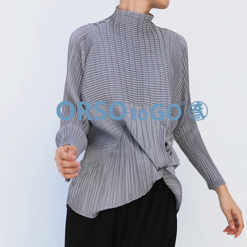 2022spring-all-match-women's-jacket-tops-miyak-fold-fashion-plus-size-bottoming-shirt-long-sleeve-loose-half-high-collar-t-shirt