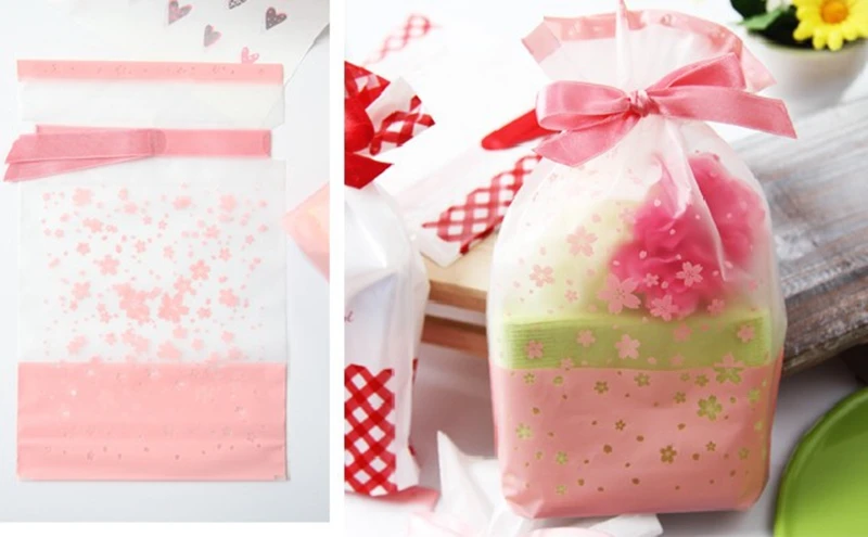 Cherry blossom Сумки на шнурке обертки для печенья-закуски, вечерние, сувениры, подарки, свадьба, полиэтиленовый пакет 50 шт./лот