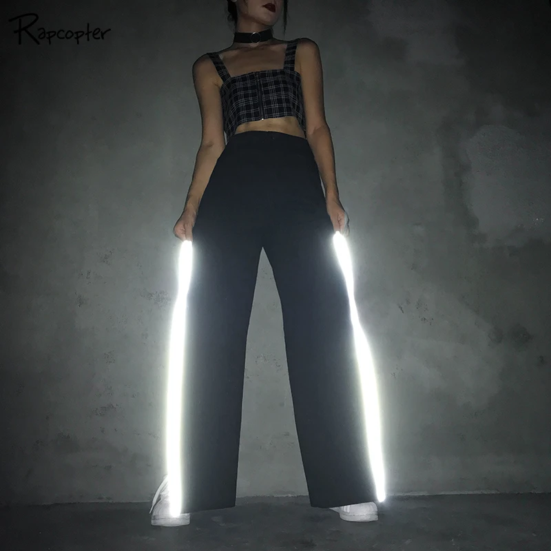 

Rapcopter Patchwork Reflective Fashion Loose Pants High Waist Zip Split Streetwear Wid Leg Pants Cotton Korean Style Trousers