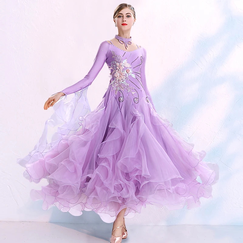 New Modern Ballroom Dance Costumes For Women Long Sleeve Diamond Lace Dresses Ladies Waltz Stage Performance Clothes DQL3335 |