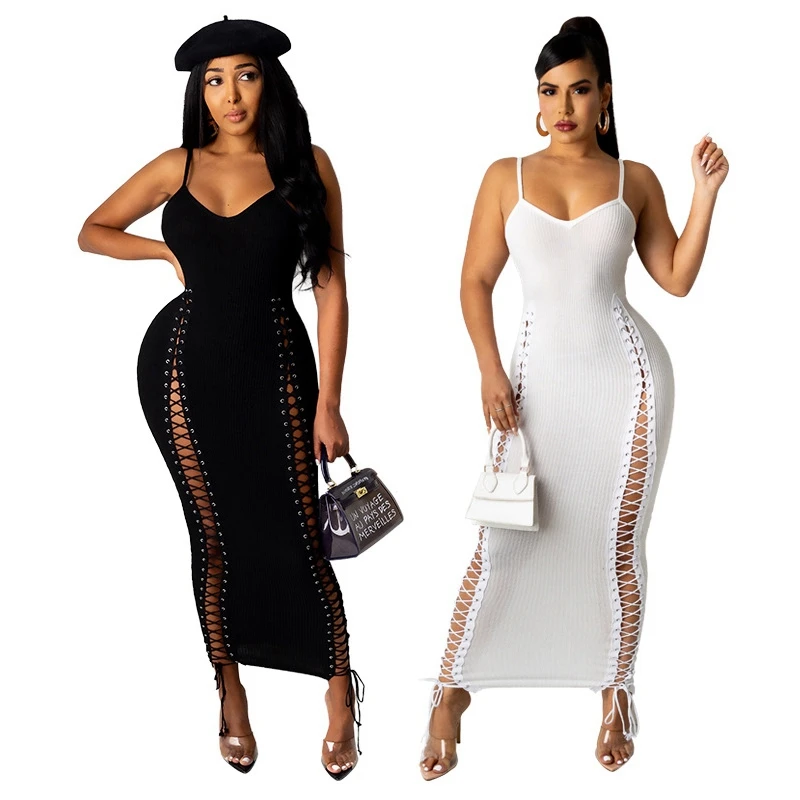 

Sexy Long Maxi Dress Spaghetti Strap Sleeveless Deep V Neck Knitted Lace Up Bandage Bodycon Dress Slim Package Hip Dress