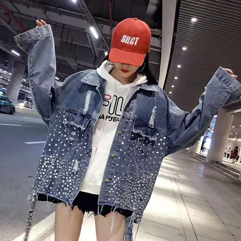 New  Women Sequins Denim Jacket Ripped Basic Jacket Hip Pop Design Long Sleeves Coats Rhinestone Streetw