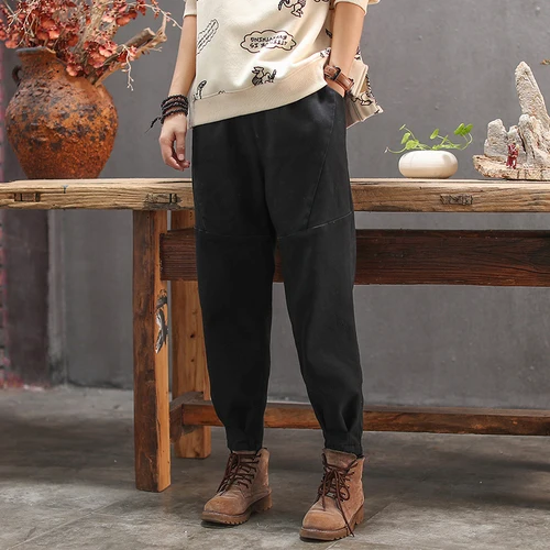 black pants women Осенние и зимние Новые однотонные повседневные женские Ретро Винтажные свободные прямые брюки с эластичной резинкой на талии для женщин Z4 - Цвет: black pants women