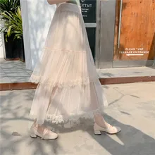 Женские плиссированные юбки, высокая талия, кружевная кромка, сетчатая юбка, модная и универсальная плиссированная юбка феи, длинная юбка, плиссированная юбка