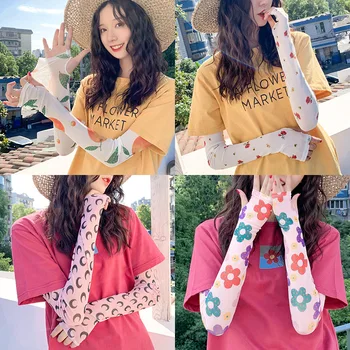 

Ice Sleeve Sunscreen Gloves Female Ice Silk Lace Ice Sleeve Explosion Models Riding Half Finger Net Red Summer Printing