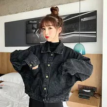 

Short Jackets Black Denim Women Loose Single Breasted Button Pockets Korean Style Chic Retro Harajuku Casual Streetwear Womens