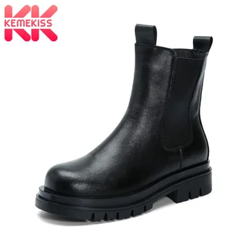

KemeKiss Size 34-43 Women Real Leather Mid Calf Boots Round Toe Shoes Winter Warm Boots Women Fashion Front Zipper Footwear