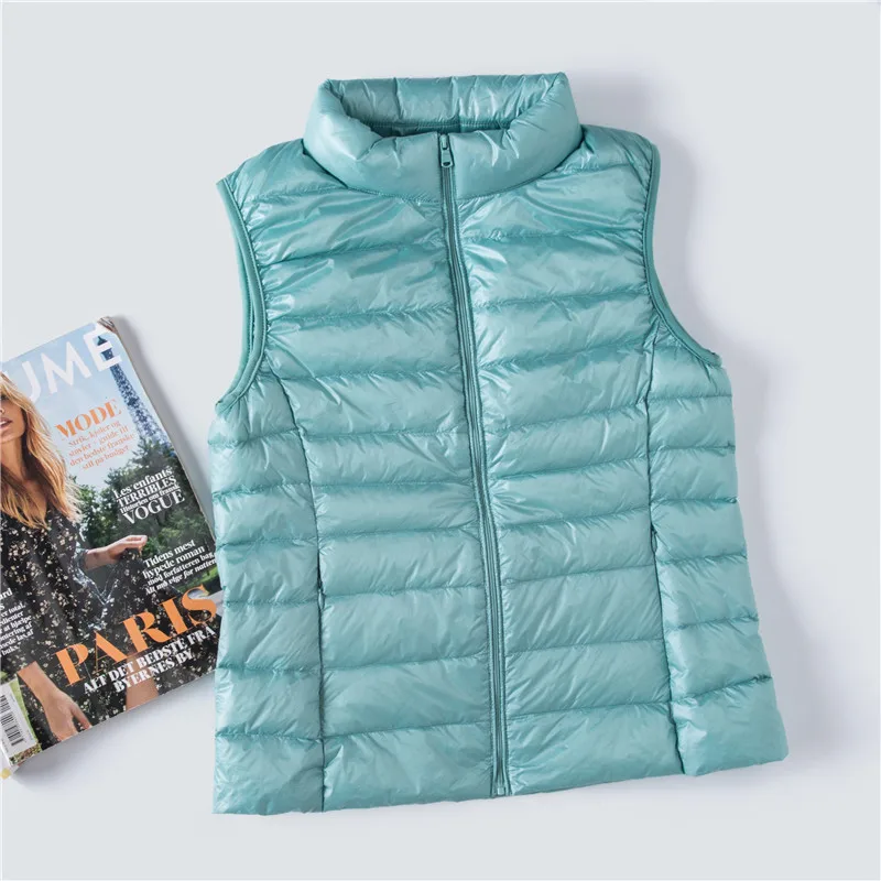 Chaleco de plumón de pato portátil para mujer, abrigo ultraligero sin
