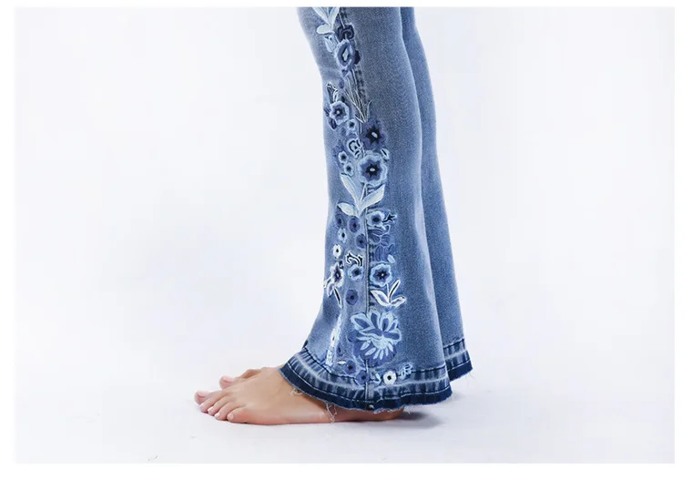 Винтажные женские джинсы с вышивкой, расклешенные джинсы, широкие дамские узкие брюки, джинсы с высокой талией, джинсы с цветочным принтом, большие размеры S-4XL
