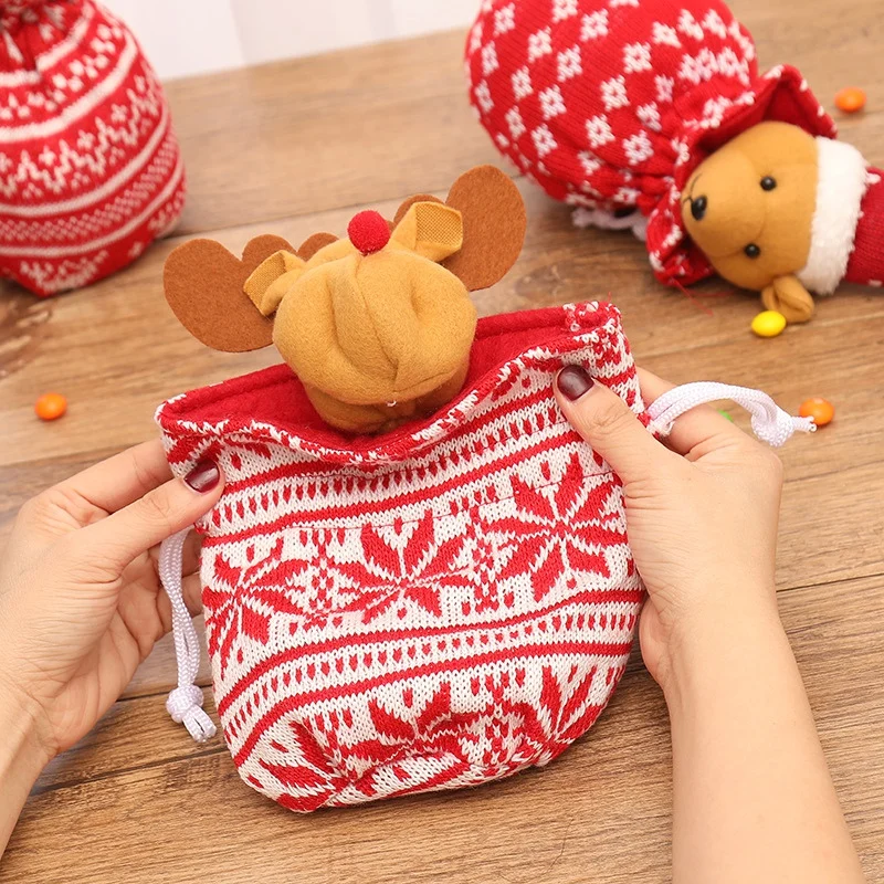 Christmas Candy Bags Knitted Santa Claus Snowman Gift Holder Bag Children Bag Drawstring Pouch Container Organizer Case