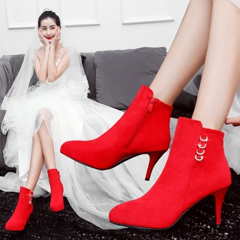 

Wedding Shoes For Women Winter Bridal Shoes Red High Heel Boots Shorts with Waterproof Platform Wedding Boots Sexy Party Shoes