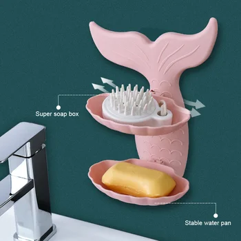 

Double Layers Soap Box Fishtail-shaped Drain Soap Box Free Punch Wall-mounted Soap Holder for Bathroom HYD88