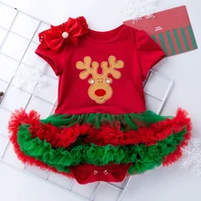 НОВЫЕ комплекты одежды с рисунком для маленьких девочек в европейском стиле; комбинезон с рисунком головы оленя; платье с вуалью; Рождественская Одежда для девочек