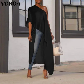 

Plus Size Blouses VONDA Women Fashion Off One Shoulder Long Blouse Loose Irregular Sexy Tops Oversized Blusas Femininas S-5XL