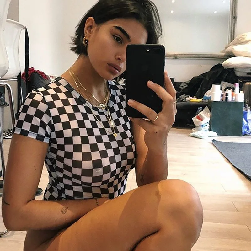 

casual checkered slim bodycon bodysuits women summer plaid one piece rompers jumpsuits plus size overalls combinaison femme -85