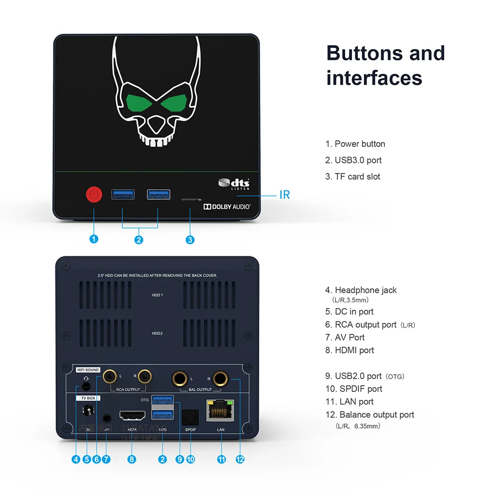 Beelink GS-King X Dual HDD NAS Hi-Fi Audio System Smart 4K TV Box with Dual 3.5 inch SATA HDD Amlogic S922X-H ARM G52 MP4 4GB DDR4 + 64GB EMMC 2.4GHz + 5.8GHz Dual-WiFi 1000Mbps - Black EU Plug
