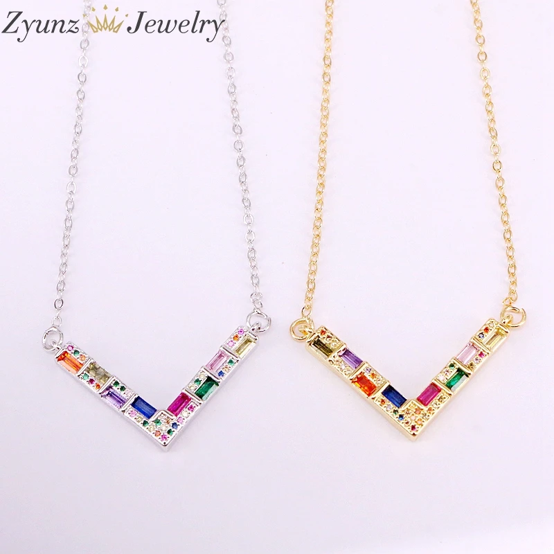 

10PCS, Fashion Multi Crystal Colorful CZ Zirconia Micro Paved Gold /Silver Color V Pendant Necklaces For Women Jewelry