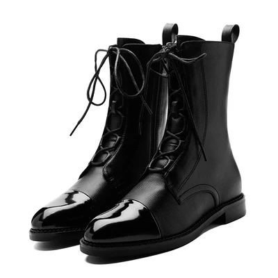 

Black Color Ankle Boots Side Zipper Front Lace Up Low Heels Short Booties Hot Women Shoes Brand Designer Chic Botas New
