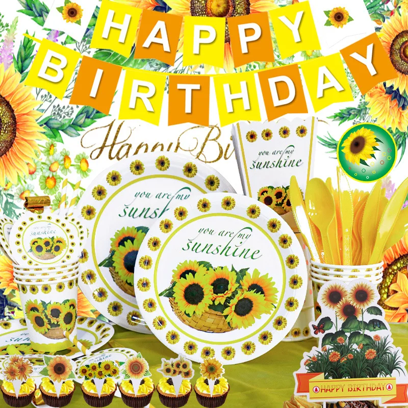 

Sunflower Theme Birthday Party Set Paper Plate Cup Banner Balloon Party Decoration Party Supplies Baby Shower